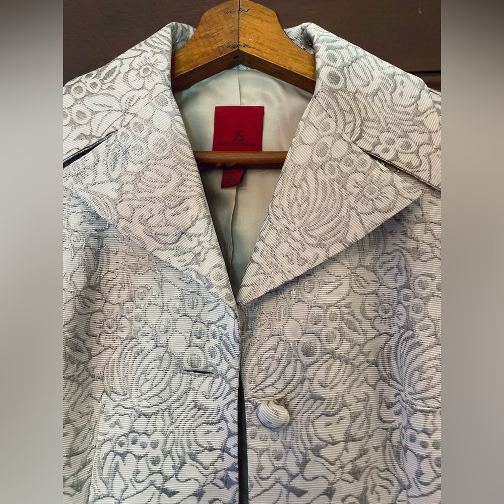 JS Collections White Floral Jacquard Trench Coat